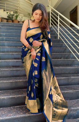 R K INFINITIVE Woven Banarasi Jacquard Saree(Light Blue)
