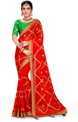 jayant creation Embroidered, Solid/Plain Bollywood Georgette Saree(Red)