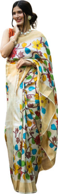Rashmiwala Floral Print Daily Wear Tussar Silk Saree(Beige, Multicolor)