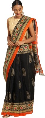 Saadhvi Printed Kalamkari Silk Blend Saree(Black)