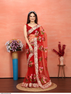 MRUTIENTERPRIS Embroidered Bollywood Net Saree(Red)