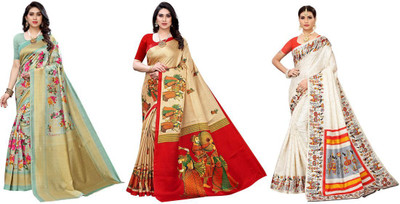 Priyashi Printed Daily Wear Art Silk Saree(Pack of 3, Light Green, Beige, Cream)