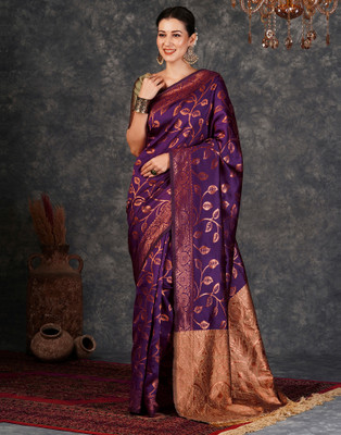 Samah Dyed, Woven, Self Design Banarasi Silk Blend, Jacquard Saree(Purple, Gold)