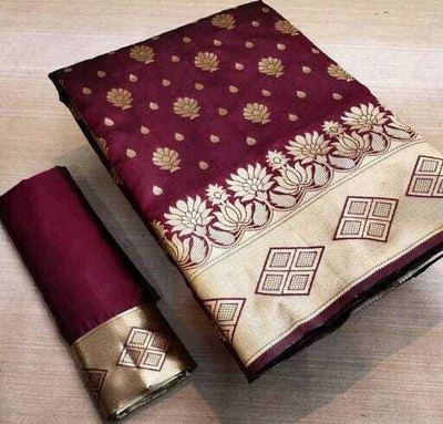 JOYSONIC Woven Kanjivaram Silk Blend Saree(Maroon)