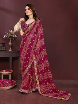 BHAGYAVATI DESIGNER Embellished, Embroidered, Printed Bandhani Georgette Saree(Purple)