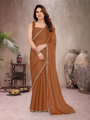 ROOP SUNDARI SAREES Embellished Bollywood Tissue, Silk Blend Saree(Brown)