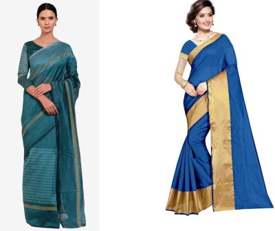 Suntex Woven Bollywood Cotton Silk Saree(Pack of 2, Blue)