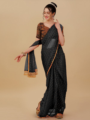 V And V Shop Polka Print Bhagalpuri Chiffon Saree(Black)