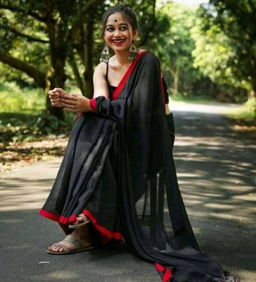 GHOSH TEXTILE Solid/Plain Handloom Cotton Blend Saree(Black)