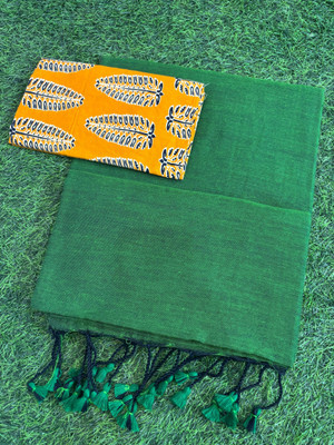 SMRITI BOUTIQUE Solid/Plain, Printed Bollywood Handloom Pure Cotton Saree(Green, Cream)