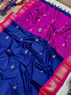 NST5 Printed Paithani Cotton Silk, Polyester Saree(Dark Blue)