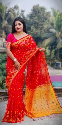 PRAVATI FASHION Embroidered Handloom Cotton Silk Saree(Red)