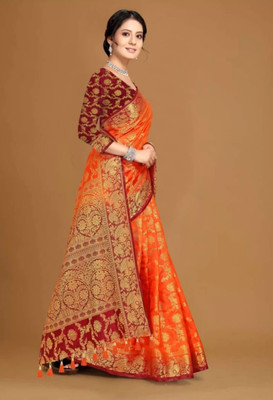 RudraNX Woven Banarasi Jacquard Saree(Orange, Maroon)
