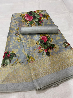 Kjs Floral Print Bollywood Cotton Blend Saree(Multicolor)