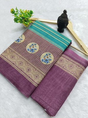 Gajal Printed Bollywood Linen, Cotton Linen Saree(Light Blue)