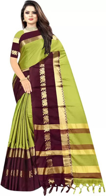 Shruti Bandhani Woven Banarasi Jacquard, Cotton Silk Saree(Dark Green)