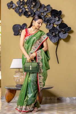 RamKrupa Creation Embroidered Bollywood Net Saree(Green)