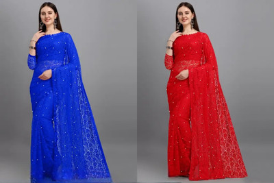 BBSCHOICE Self Design Bollywood Brasso Saree(Red, Blue)