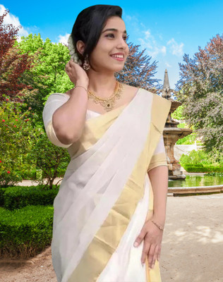 shree laxmi Woven Kasavu Pure Cotton Saree(White)