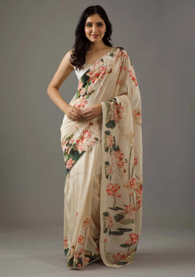 RAJESHWAR FASHION Floral Print Bollywood Silk Blend Saree(Cream, Multicolor)