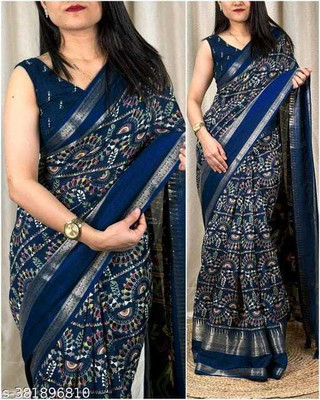 Chandan Fabrics Printed Bollywood Chanderi Saree(Dark Blue)