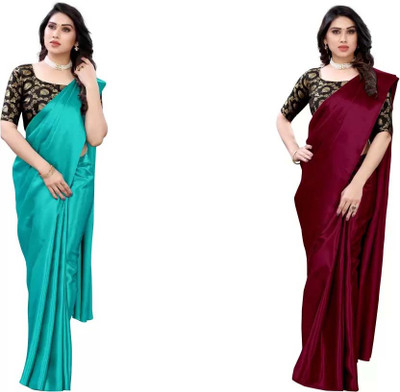 Aruna Sarees Solid/Plain Bollywood Satin Saree(Light Blue, Maroon)