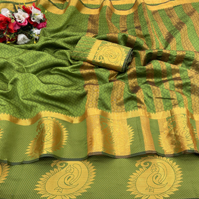 Jyanshu Creation Self Design Dharmavaram Cotton Silk Saree(Green)