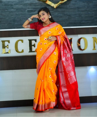 NaziyaSarees Embroidered Sambalpuri Satin Saree(Gold)