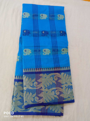 p fashion Self Design, Printed Tant Pure Cotton Saree(Light Blue)