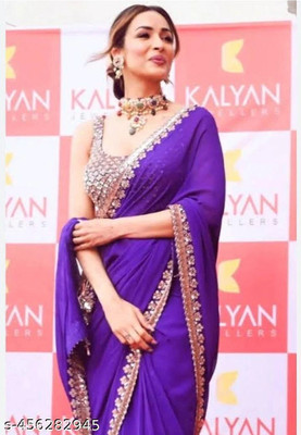 harlin Solid/Plain Bollywood Georgette Saree(Purple, White)