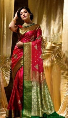 NaziyaSarees Woven Banarasi Satin Saree(Red, Green)