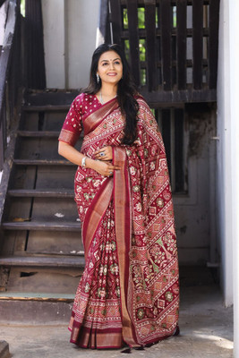 Vomanz Styles Geometric Print Chanderi Chanderi Saree(Maroon)