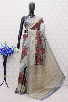 Kjs Floral Print Bollywood Cotton Blend Saree(Multicolor)
