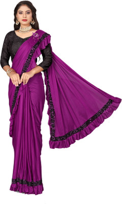 mahi bhag creation Solid/Plain, Applique, Paisley, Embroidered Banarasi Lycra Blend Saree(Purple)