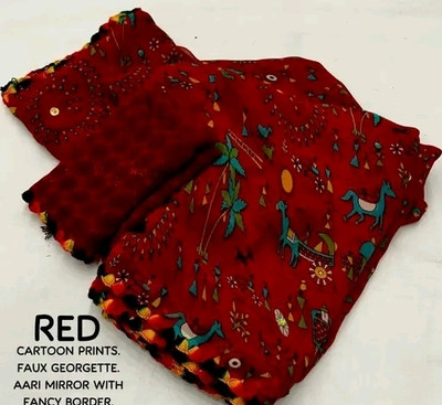 Aakash Emporium Printed Kalamkari Georgette, Chiffon Saree(Red)