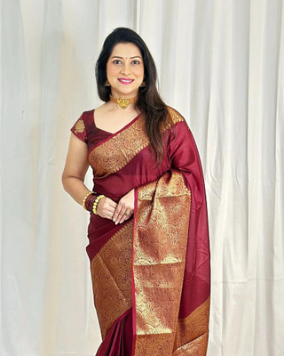 Rudr Venture Self Design Banarasi Cotton Silk Saree(Maroon)