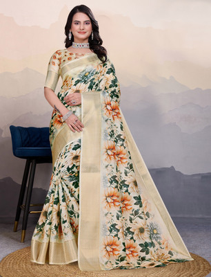MANISHA Digital Print Bollywood Pure Silk Saree(Cream)