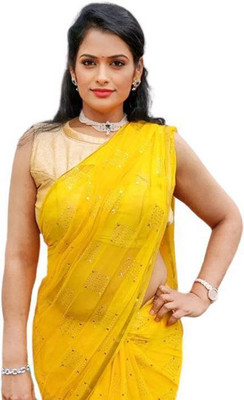 Desi Style Polka Print Daily Wear Net, Chiffon Saree(Yellow)