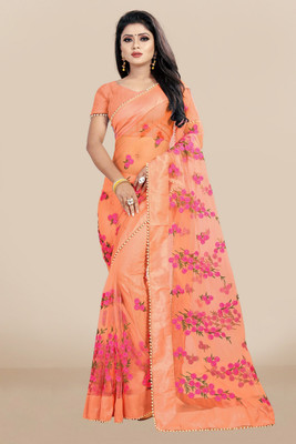 swara fashion Embroidered Bollywood Net Saree(Orange)
