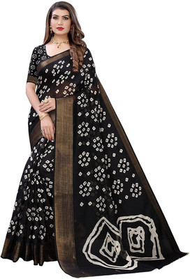 Saadhvi Printed Bandhani Cotton Blend Saree(Black)