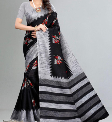 Grubstaker Printed Assam Silk Art Silk Saree(Black)