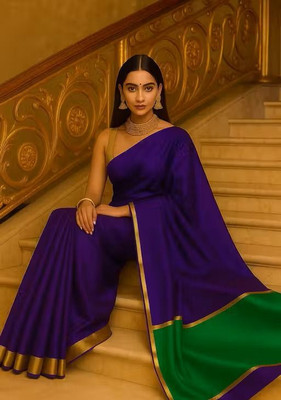 Montauk Fabians Solid/Plain Bollywood Cotton Silk Saree(Purple, Green)