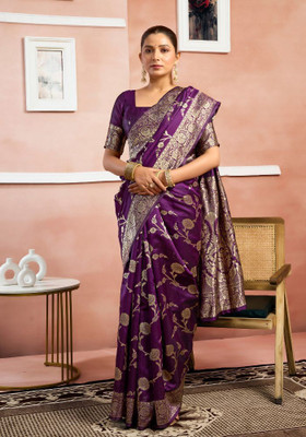 RUCHAA FASHION Woven, Solid/Plain Banarasi Silk Blend Saree(Purple)