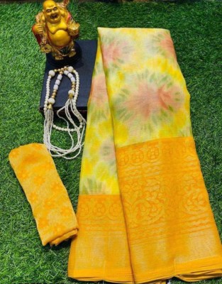 Fancy Fab Animal Print, Blocked Printed, Embellished, Embroidered, Floral Print, Hand Painted, Printed Mysore Brasso, Muslin Saree(Yellow)
