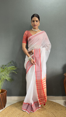 MM VENTURE Striped Chanderi Cotton Blend Saree(Red)