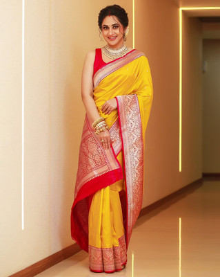 WOMENELEGENCE Woven Kanjivaram Pure Silk Saree(Yellow)