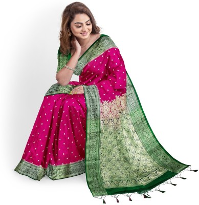 Woven Banarasi Satin Saree(Pink, Green)