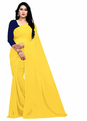 Desi Style Solid/Plain Daily Wear Organza, Silk Blend Saree(Yellow)