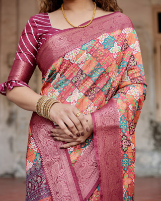 maharani couture Digital Print Kalamkari Cotton Silk Saree(Multicolor)