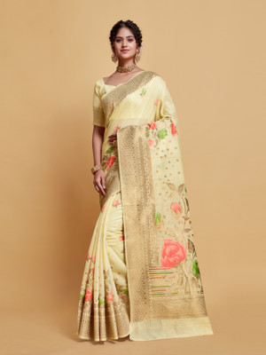 ishika fab Floral Print Banarasi Silk Blend Saree(White)